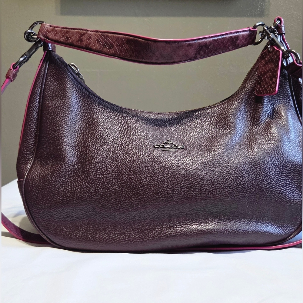 Coach Dark Purple Leather Hobo With Pink Piping & Snakeskin Look Is A Head Turer